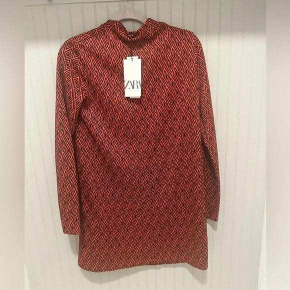 ZARA Jacquard Mock Neck Geometric Diamond Print Shift Dress A-Line - Picture 2 of 2